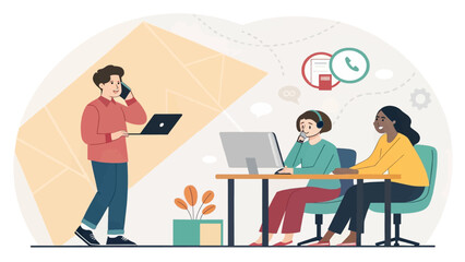 Team of diverse professionals collaborating on customer support and online communication in a modern office environment. Ideal for business, tech, and service concepts.