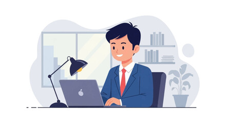Smiling businessman works diligently on laptop in a modern office, embodying productivity and professional success. Ideal for corporate, finance, or online business concepts.
