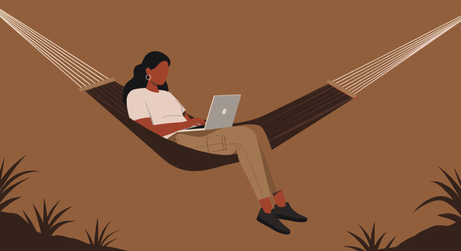 Woman working remotely on a laptop in a cozy hammock, blending relaxation with productivity. Ideal for digital nomad, flexible work, or peaceful lifestyle concepts.