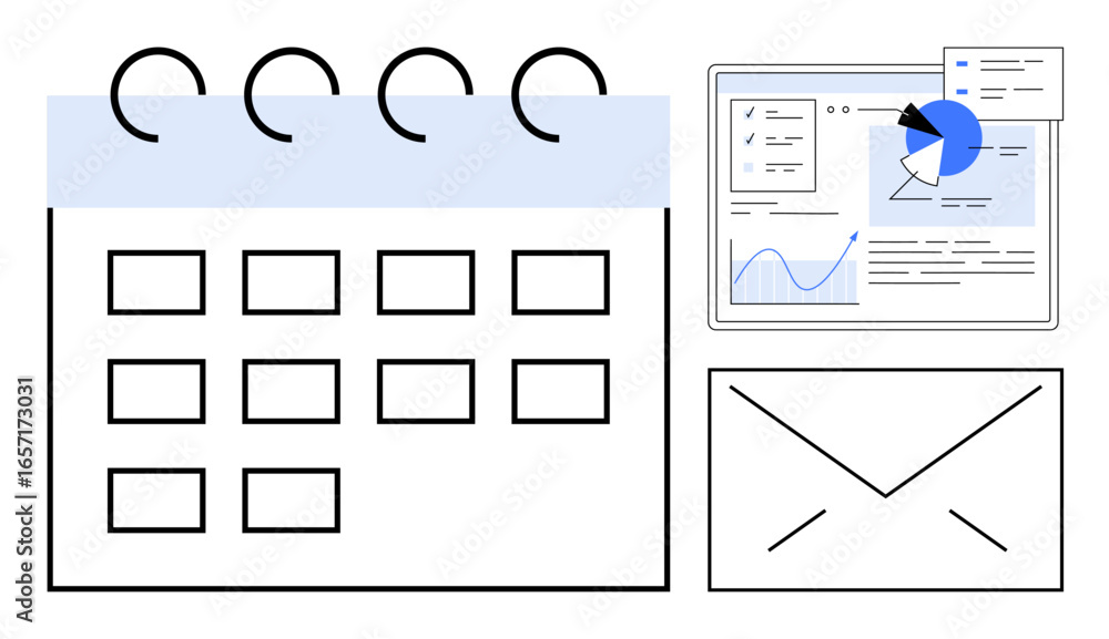 Poster calendar layout, analytics dashboard with pie chart and graphs, and envelope icon. ideal for schedul