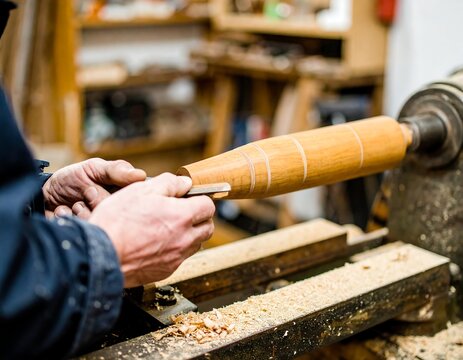 Woodworker shaping a wooden rod on a lathe