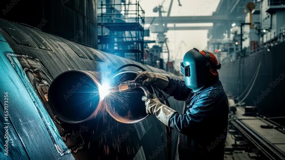 Poster welder applying orbital welding on submarine pipeline segments integrated into the hull structure of