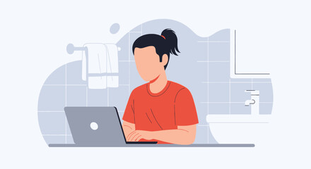 Person working casually on a laptop in a modern home bathroom. Concept of remote work, flexible schedule, and work-life balance.