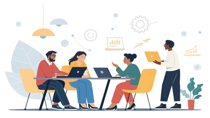 Diverse business team collaborating in a modern office, working on laptops and discussing strategy. Represents teamwork, innovation, and growth.