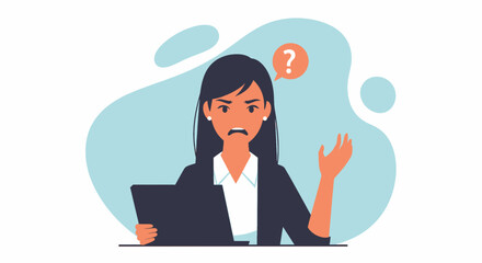 Frustrated businesswoman holding laptop with a question mark, facing problems or technical difficulties. Ideal for business, support, and IT concepts.