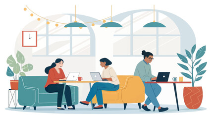 Diverse professionals focused on laptops in a vibrant coworking space. Ideal for business, remote work, productivity, or modern lifestyle themes.