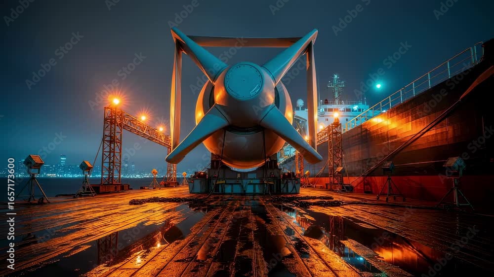 Poster nighttime scene of illuminated verticalaxis windturbine nacelle resting on a dock preparing for tran