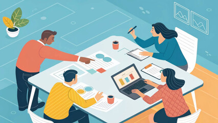 Diverse team collaborating in a modern office meeting, discussing data and planning for business success. Focus on strategy and teamwork.