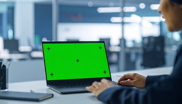 A person seated at a desk, focused on a laptop computer with a bright green screen, in a modern office setting.