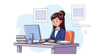 A professional woman works diligently at her desk on a computer, embodying productivity and modern office work. Ideal for business, education, and technology concepts.
