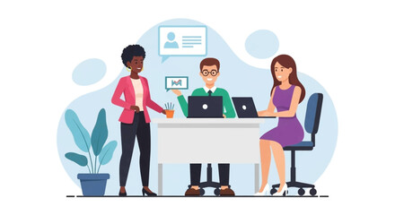 Diverse business professionals collaborate efficiently in a modern office, utilizing laptops for effective teamwork and digital communication. Ideal for corporate and technology concepts.