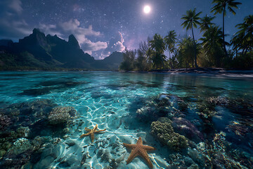 Night tropical beach paradise island with ocean starfish moonlight and palm trees wallpaper background 4k