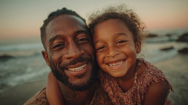 Smiling African American father and daughter embrace on sunny day at the beach with waves visible in the background