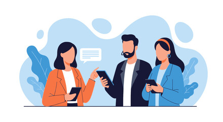 Diverse business professionals engaging in digital communication using mobile devices, symbolizing teamwork, connectivity, and modern technology in a business environment.