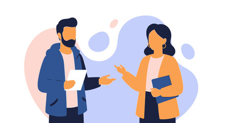 Two professional individuals engaged in a dynamic discussion or collaboration, symbolizing communication, teamwork, and problem-solving in a business or educational setting.