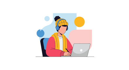 Person wearing headphones and using a laptop with a pen, focused on remote work, online learning, or digital creative tasks in a modern, illustrative style.