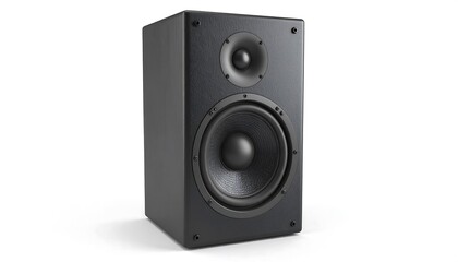 Obraz premium Dark, rectangular audio speaker against a white background.