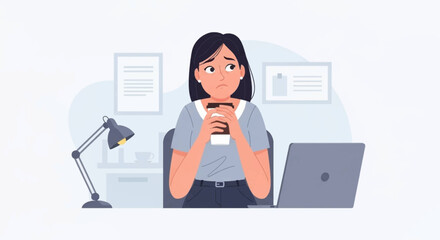 Overwhelmed businesswoman feeling stressed and tired at her office desk, holding a coffee cup. Illustrates workplace exhaustion, burnout, or mental health struggles.