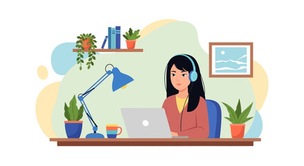 Focused woman in headphones working on laptop at a modern home office desk. Ideal for remote work, online learning, virtual meetings, and digital lifestyle.