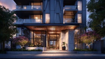 Obraz premium Luxurious Modern Apartment Building Exterior with Blooming Trees at Twilight and Glass Entrance and Balconies