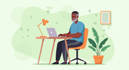 Mature man comfortably working on a laptop at his home desk. Represents remote work, online learning, and digital lifestyle.