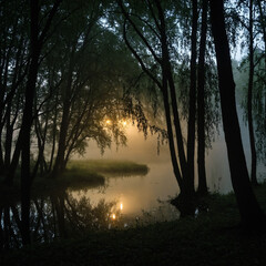 A dense, shady forest at the edge of a misty willow grove, where the light
