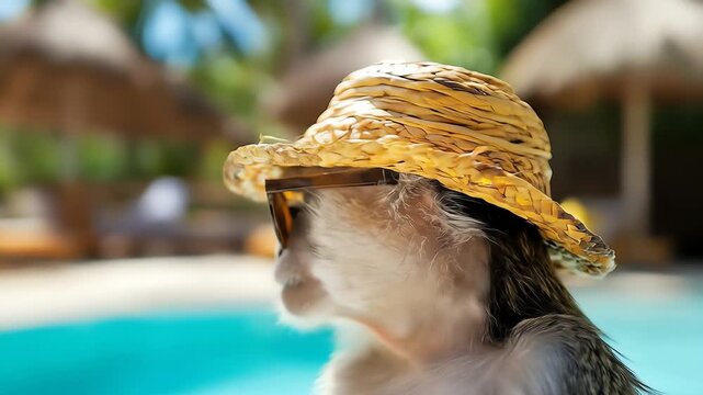 A monkey wearing a straw hat and sunglasses near a pool