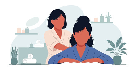 Woman enjoying a relaxing back massage at a serene spa with calming candles and plants. Represents wellness, self-care, and professional therapy services.
