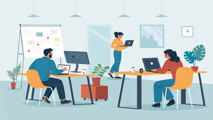 Team of diverse professionals collaborating and working productively in a modern, vibrant office environment. Ideal for business, technology, and corporate lifestyle themes.