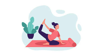 Illustrated woman practicing yoga at home, finding balance and peace. Concept of wellness, healthy lifestyle, fitness, and self-care.