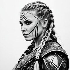 Photo Black and white drawing of a female Viking warrior with braided hair, war paint