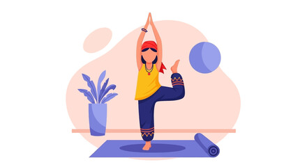 A person in a red turban and yellow top practices yoga on a mat indoors, demonstrating balance and mindfulness. Ideal for health, wellness, and fitness concepts.