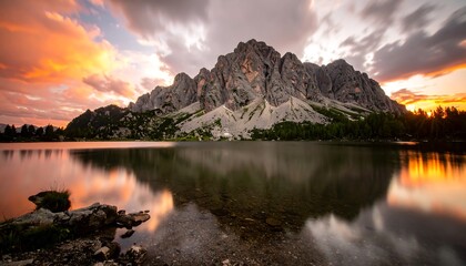 Fototapeta premium A tranquil mountain lake reflecting a vibrant sunset, showcasing serene peaks and a peaceful ambiance.