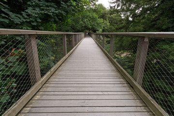 Obraz premium A wooden bridge with a wire fence on it