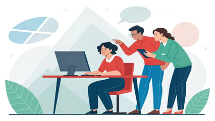 Team collaborating in a modern office, showcasing teamwork, mentorship, and business strategy. Ideal for corporate and educational themes.