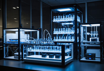  Photo Gene editing lab, CRISPR equipment with molecular-level details, liquid light effect