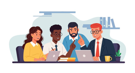 Diverse business team collaborating in a professional office meeting, discussing ideas and working on laptops. Ideal for corporate communication and teamwork concepts.