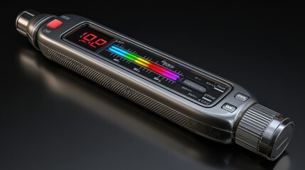 Modern temperature monitor shows reading of twenty two degrees celsius and one hundred percent