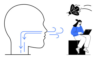 Profile showing airflow in breathing system, person sitting with laptop, flying insect nearby. Ideal for biology, health, mindfulness, focus, productivity science education. Simple flat metaphor
