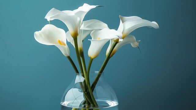 A vase of white calla lilies with green stems against a blue background