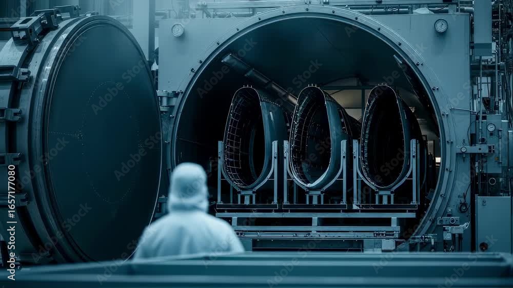 Poster large scale aerospace autoclave with opened door revealing composite fuselage structures undergoing 