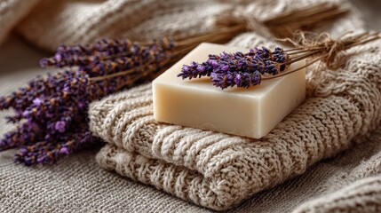 Handcrafted soap bar and lavender buds resting on a folded linen towel