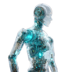 A futuristic, transparent robot figure