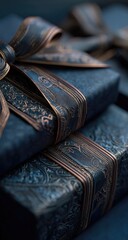 Elegant navy blue gifts with ornate ribbon