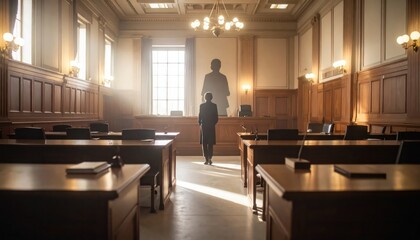 Empty Courtroom with Looming Shadow, Symbol of Justice and Power