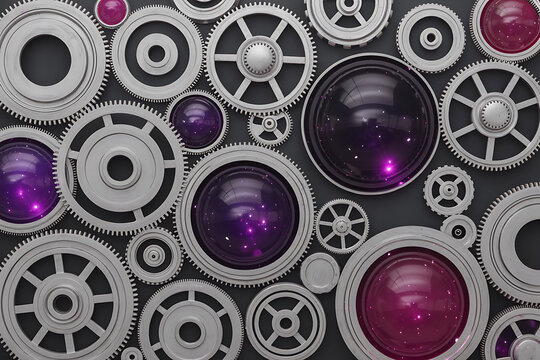 A collection of silver gears and purple spheres arranged on a dark gray surface in an overhead shot
