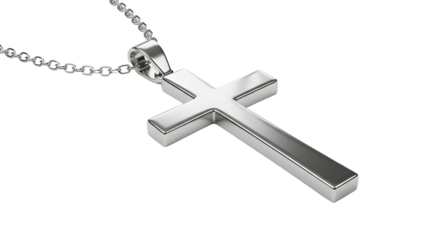 Silver cross on a white background, realistic 3D rendering, high resolution, minimalistic design, religious symbol, isolated on white.