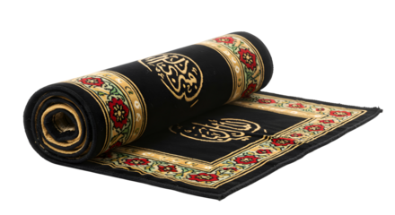 Prayer mat rolled, isolated on white background, high resolution, Islamic faith concept.