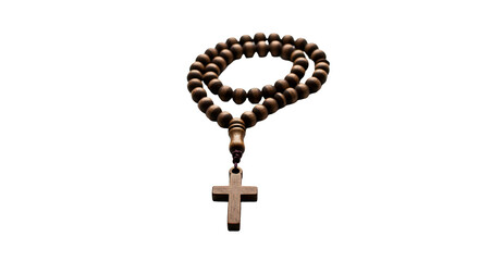 Rosary beads with cross, close-up, high quality photo, white background, religious and spiritual symbol, minimalistic style.