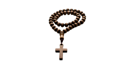Rosary beads with cross, close-up, high quality photo, white background, religious and spiritual symbol, minimalistic style.